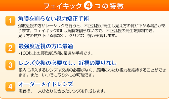 フェイキック4つの特徴@角膜を削らない視力矯正手術A最強度近視の方に最適Bレンズ交換の必要なし、近視の戻りなしCオーダーメイドレンズ